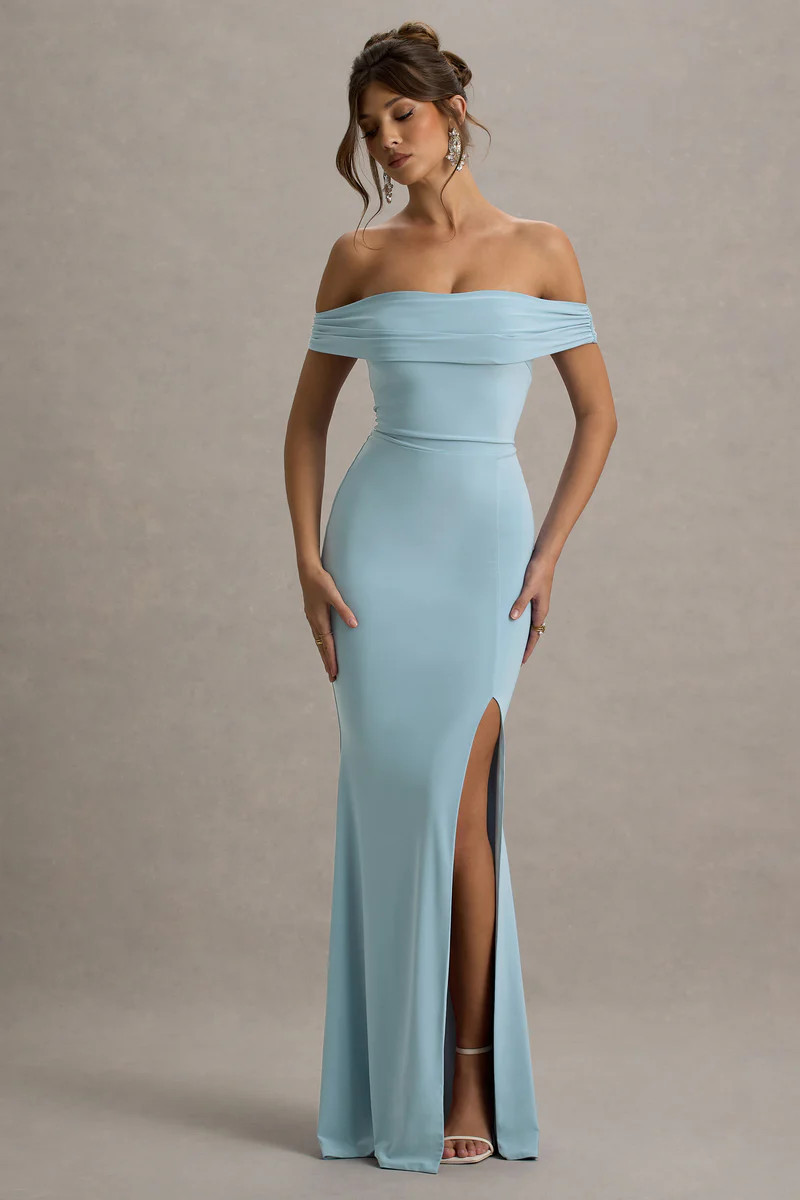 Law of Attraction  Powder Blue Bardot Draped Split Maxi Dress | Club L London