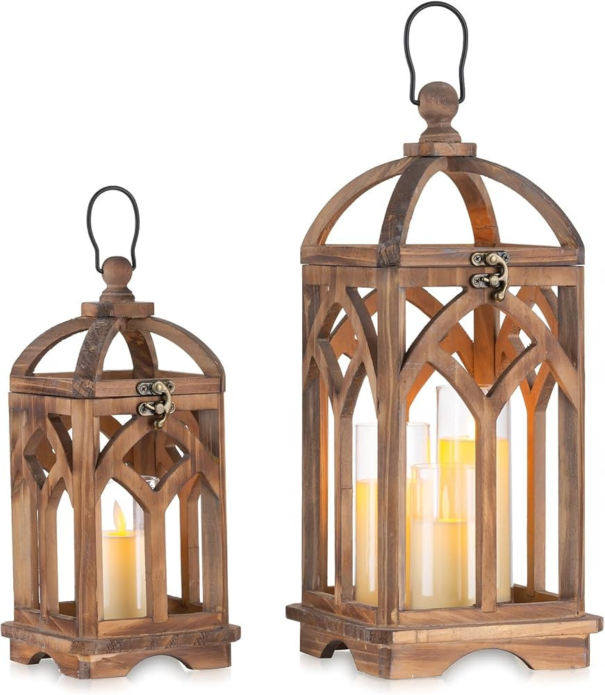 Romadedi Farmhouse Candle Lantern Wooden - 12" / 16" Set of 2 Decorative Rustic Wood Candle Holde... | Amazon (US)