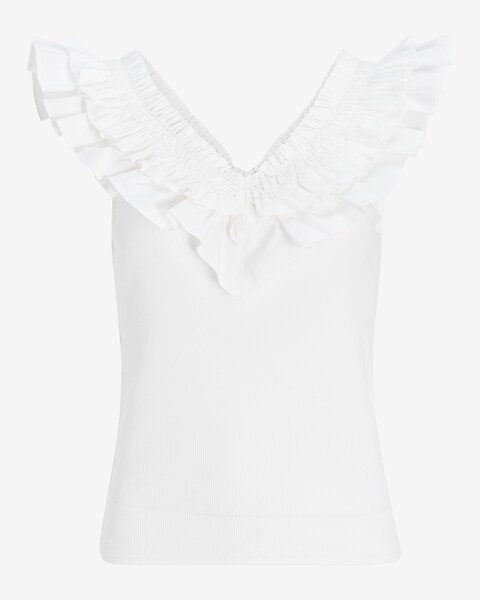 Ribbed Poplin Ruffle V-Neck Tank | Express