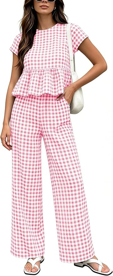 Women's 2 Piece Outfit Matching Lounge Sets | Gingham Plaid,Short Sleeve Ruffle Top,Wide Leg Pant... | Amazon (US)