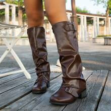 Womens Fashion Brown Leather Low Heel Ruched Casual Long Boots | SHEIN