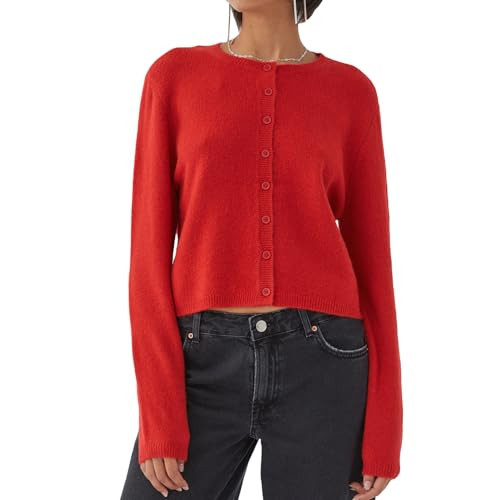 Women Y2k Crop Cardigan Long Sleeve Button Down Sweater Lightweight Solid Color Open Front Cute Knitted Tops (Red, M) | Amazon (US)