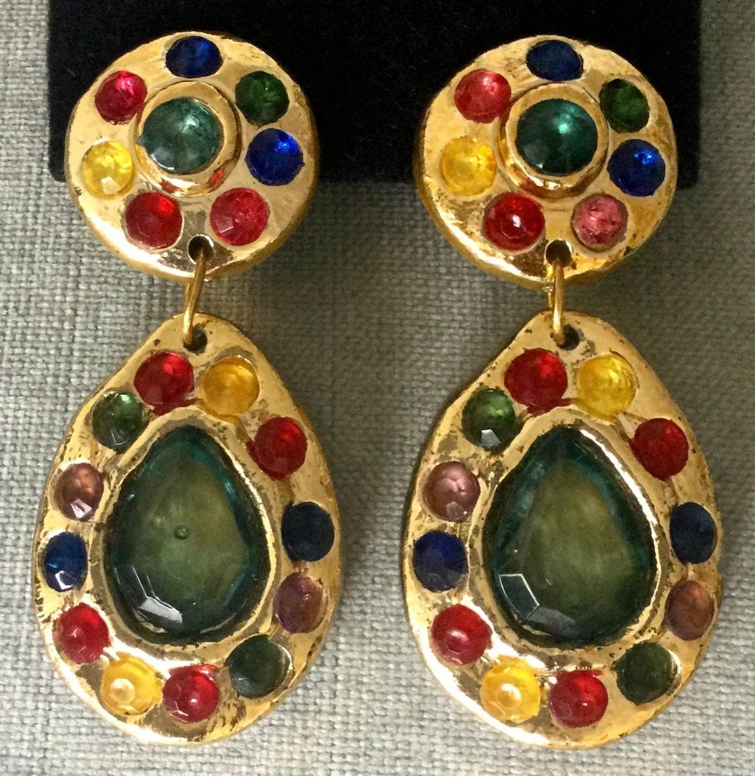 2 3/4 Long OVERSIZED FRENCH DOORKNOCKER Multicolor Crystals Drop Dangle Earrings Gold Resin Vinta... | Etsy (US)
