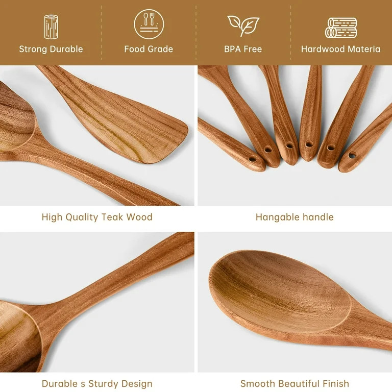 GPED Wooden Spoons for Cooking, 6 PCS Teak Wood Cooking Utensil Set, Wooden Kitchen Utensils for ... | Walmart (US)
