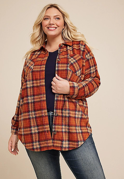 Plus Size Wilder Orange Plaid Fleece Shacket | Maurices