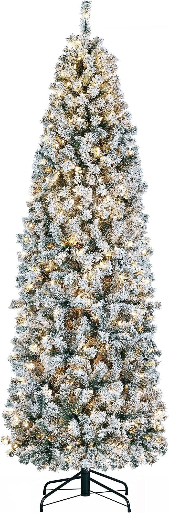 Yaheetech 7.5ft Pre-lit Snow Flocked Pencil Christmas Tree Kingswood Fir Hinged Slim Skinny Corne... | Amazon (US)