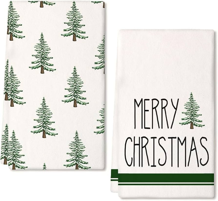Merry Christmas Kitchen Towels Set of 2,Green Xmas Tree Snow Dish Hand Towels Holiday Home Indoor... | Amazon (US)