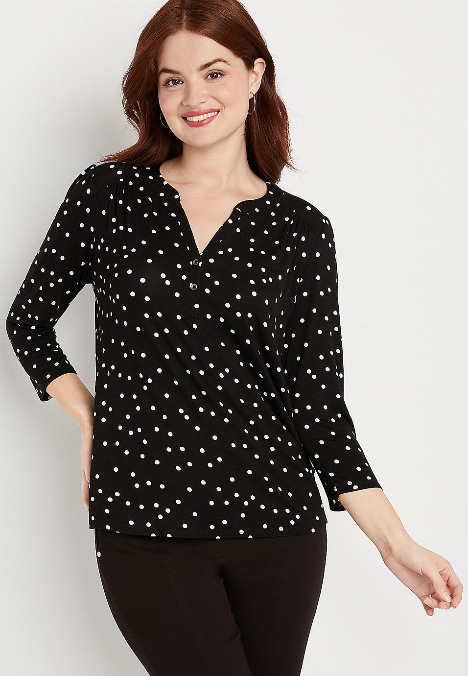 24/7 Black Polka Dot Button Front Tee | Maurices