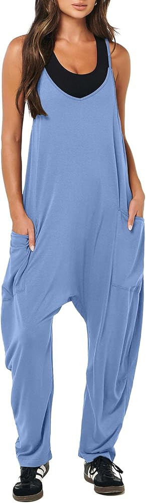 Amazon.com: ANRABESS Women's Loose Casual V Neck Sleeveless Jumpsuits Spaghetti Straps Harem Bagg... | Amazon (US)