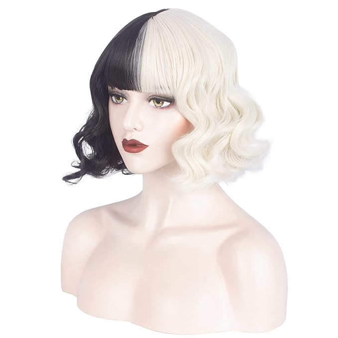 WeKen Black and Blonde Wig for Girls Short Wavy Half Black Half Blonde Wig with Bangs Cruella Dev... | Amazon (US)