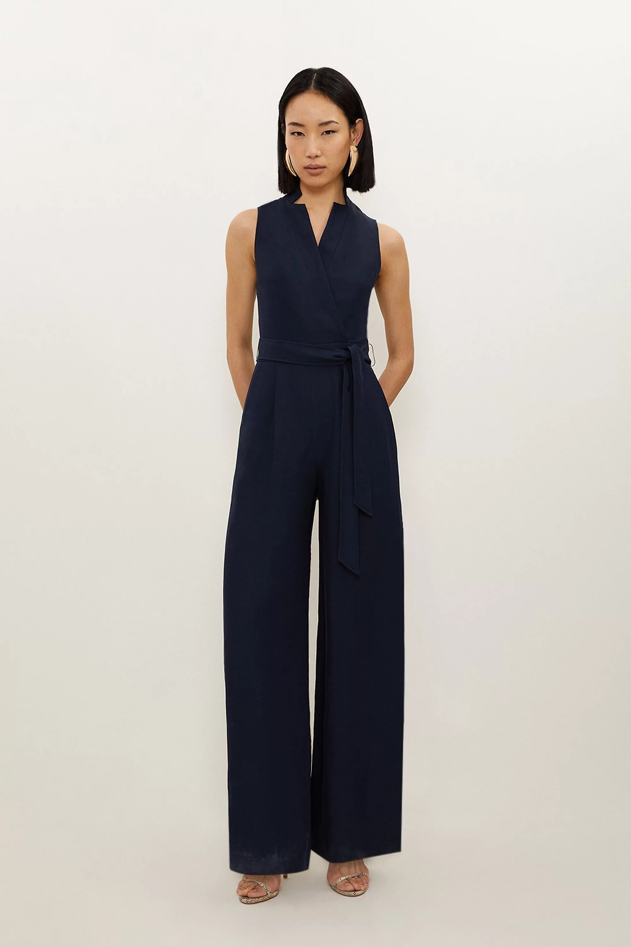 Premium Tailored Linen Notch Neck Belted Straight Leg Jumpsuit | Karen Millen UK + IE + DE + NL