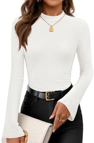 ZESICA Women's Long Sleeve Shirts 2026 Fall Mock Neck Ribbed Knit Slim Fit Tops Basic Tees Dressy... | Amazon (US)