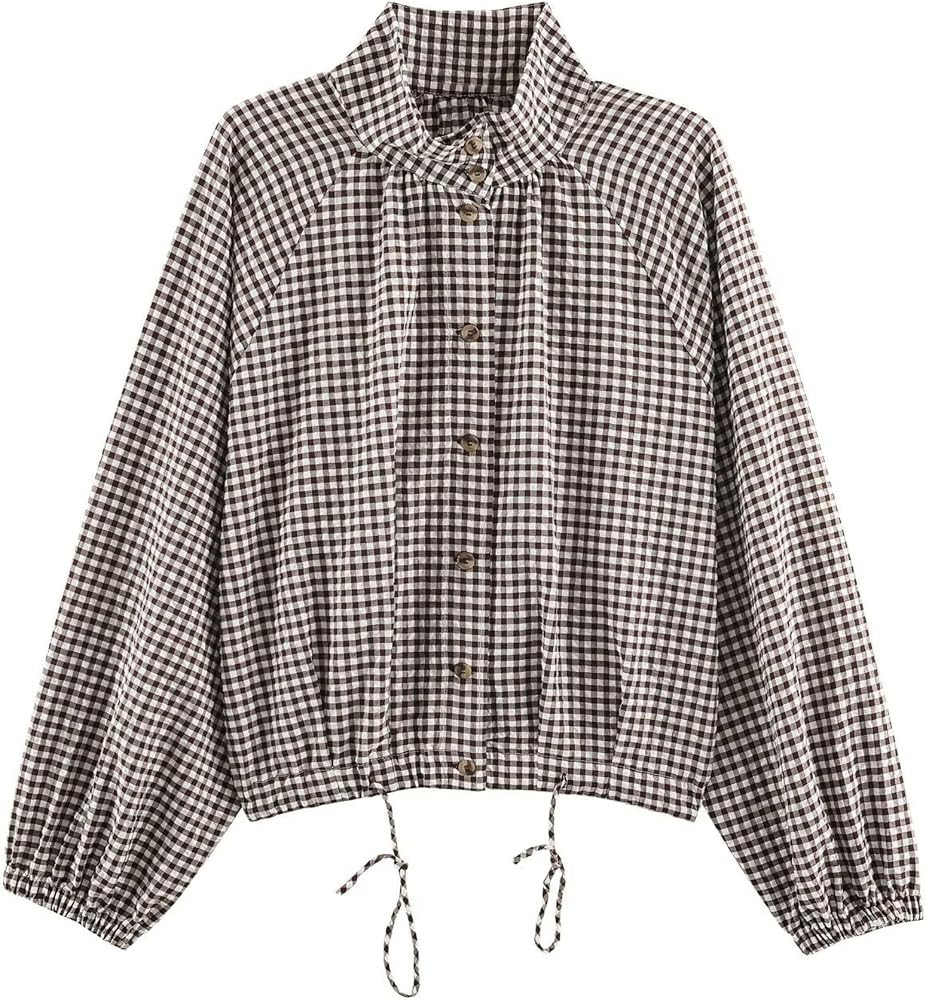 FindThy Women\u2019s Plaid Print Bomber Jacket Oversized Gingham Coat Tops | Amazon (US)