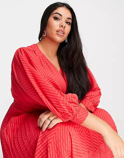 ASOS DESIGN Curve pleated batwing midi dress in textured chevron in red | ASOS (Global)