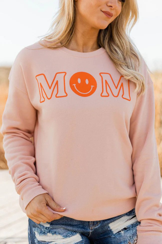 Mom Smiley Peach Graphic Sweatshirt | Pink Lily