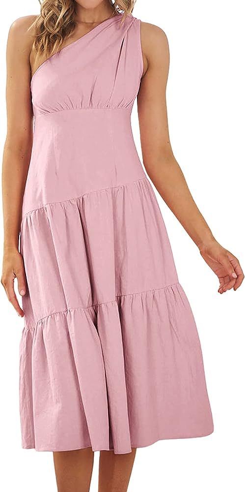 KIRUNDO Women's Summer Casual Dress Boho One Shoulder Midi Dress Sleeveless Solid Color Ruffle Hem F | Amazon (US)