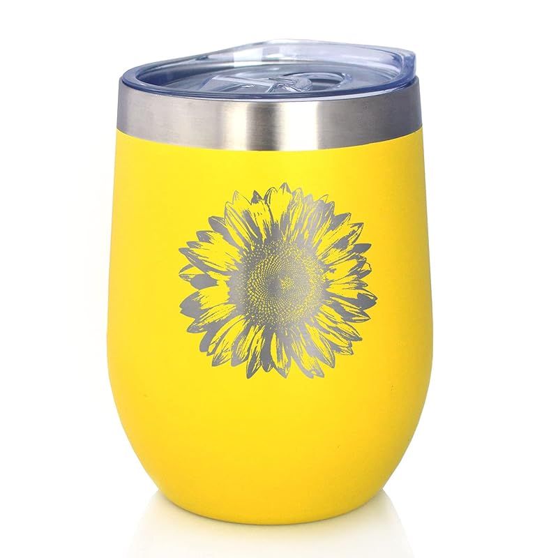 Sunflower - Wine Tumbler Glass with Sliding Lid - Stainless Steel Insulated Mug - Flower Décor G... | Amazon (US)