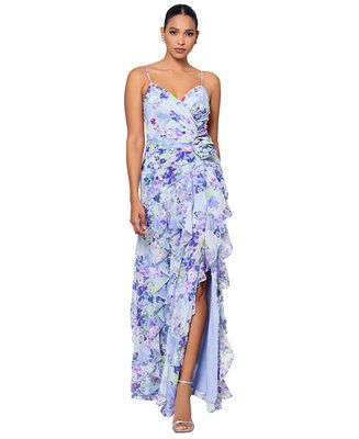 XSCAPE Women's Floral-Print Rosette Ruffled Gown - Macy's | Macy's