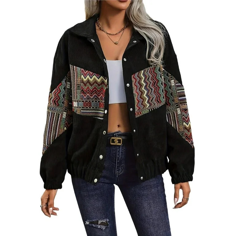Womens Western Embroidered Corduroy Jacket Long Sleeve Button Down Casual Shackets Coat Fall Outw... | Walmart (US)