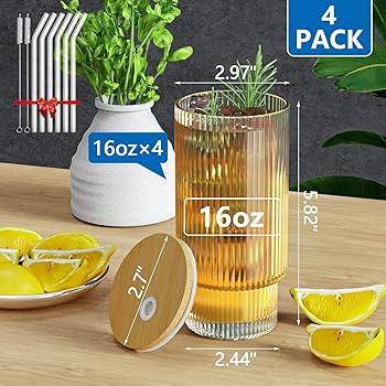16OZ Ribbed Glass Cups with Lids and Straws 4 Set, Vintage Glassware for Whiskey Cocktail Beer, I... | Amazon (US)