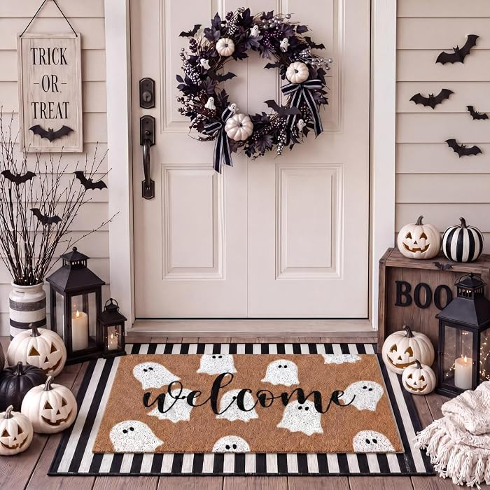 2 Pcs Halloween Door Mat Outdoor Cute Ghost Welcome Doormat for Front Door Non Slip Layered Ghost... | Amazon (US)