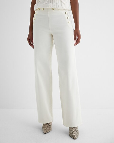 High Waisted Cream Wide Leg Gold Button Jeans | Express