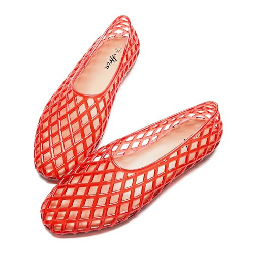 HEVA Women's Jelly Mesh Flats Breathable Clear Hollow Shoes Summer Beach Jellies Ballet Sandals(5 M US Red) | Amazon (US)