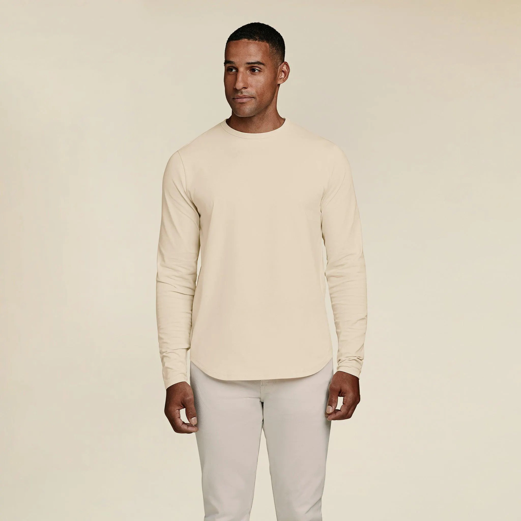 Men's Long Sleeve Curved Hem T-Shirt | Bone - nuuds | nuuds