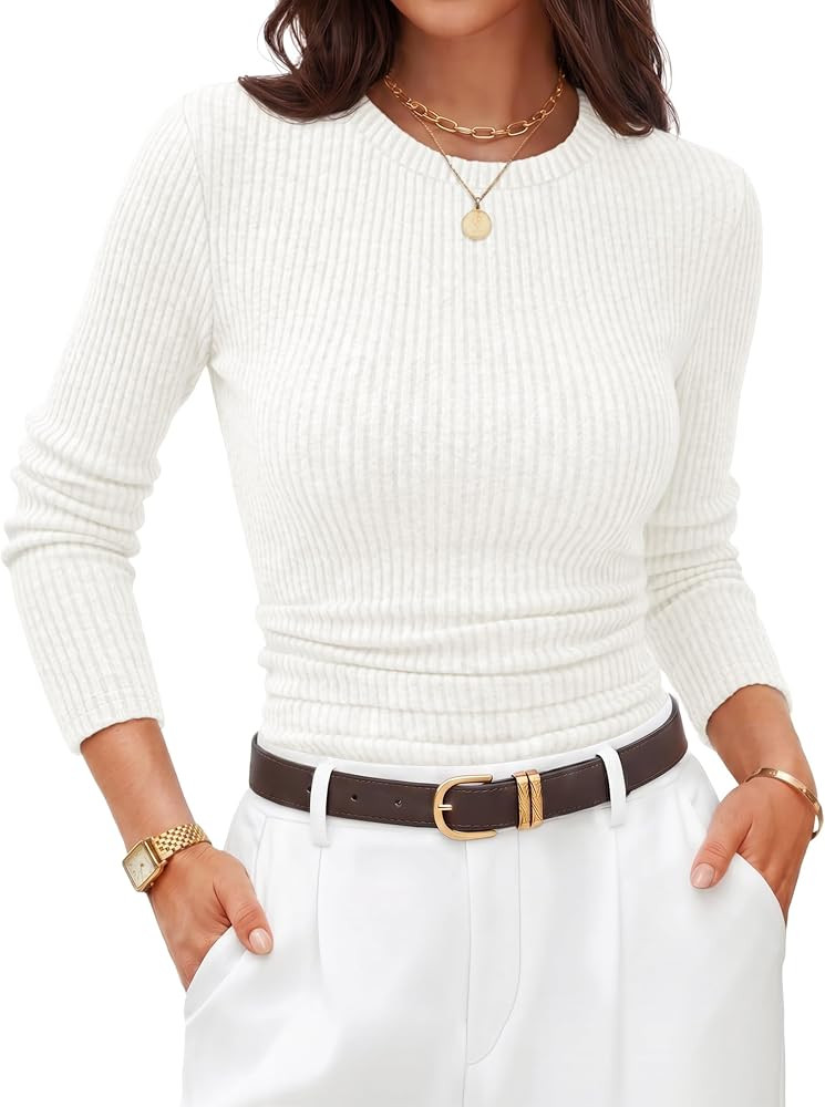 ZESICA Ribbed Business Casual Tops for Women 2026 Basic Long Sleeve Shirts | Amazon (US)