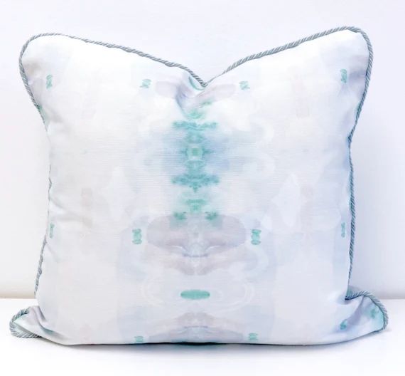 QUICK SHIP Square blue green pillow painterly blue watercolor print soft blue pillow with cord li... | Etsy (US)