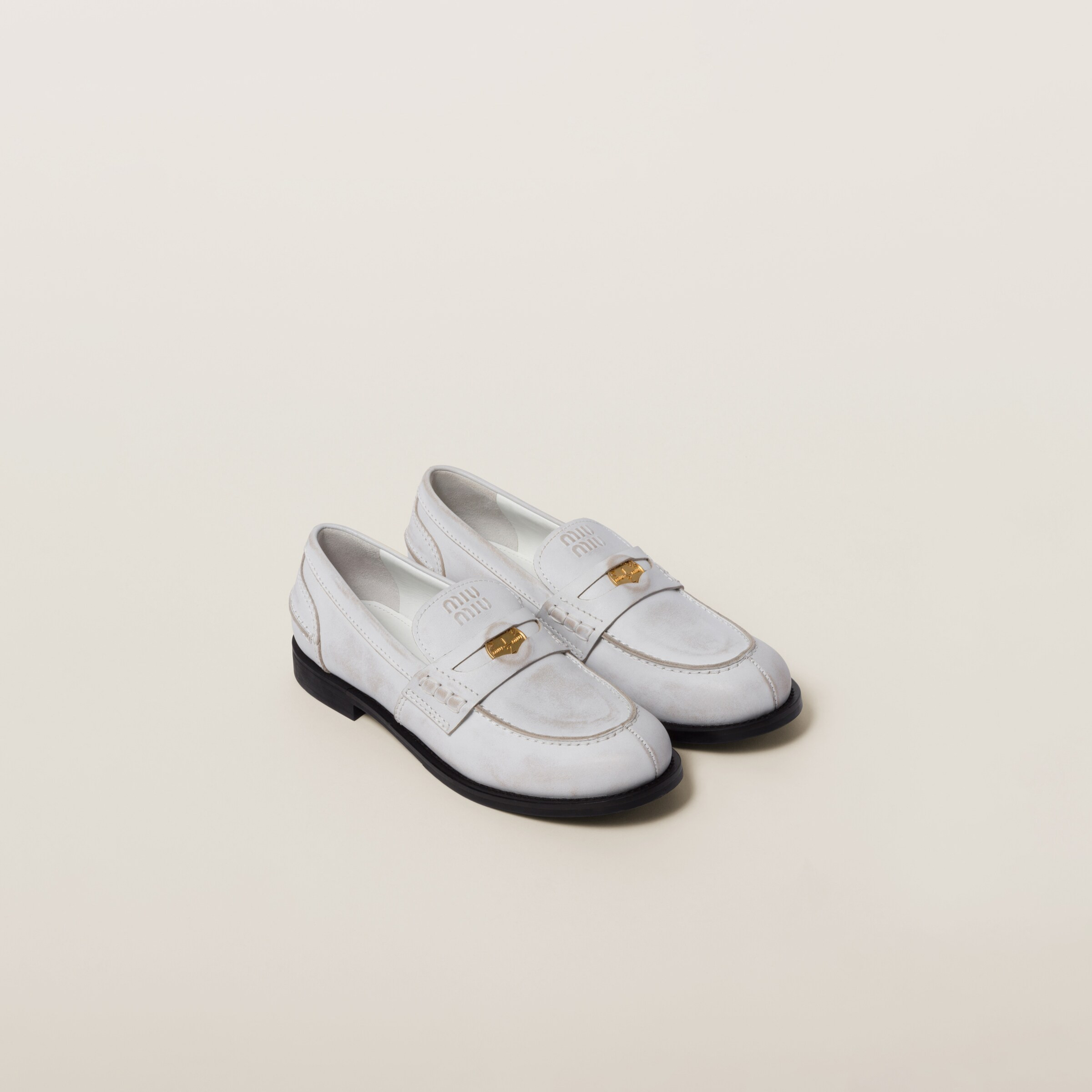 White Vintage-effect Leather Loafers | Miu Miu | Miu Miu US