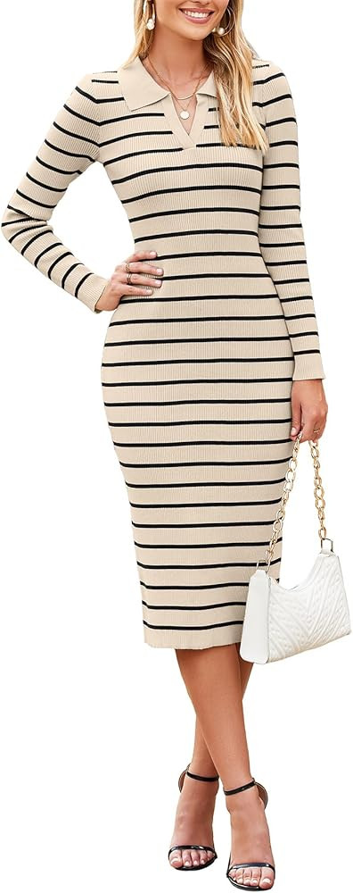 Simplee Womens Long Sleeve Sweater Midi Dress V Neck Casual Slim Fit Bodycon Knit Ribbed Slit Lon... | Amazon (US)