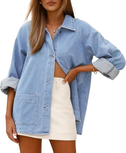 Astylish Women's Oversized Denim Shirt Boyfriend Style Long Sleeve Button Down Jean Blouse for Casual Layering Ashleigh Blue Small | Amazon (US)