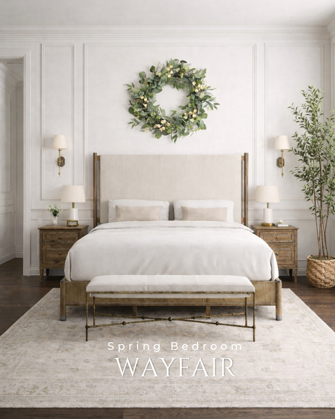 A simple seasonal refresh can completely transform a room. For an old world spring vibe, try leaning into soft neutrals and natural textures—crisp white layers, warm wood tones, and fresh greenery—to create a bedroom that feels light, calm, and effortlessly inviting. 

 