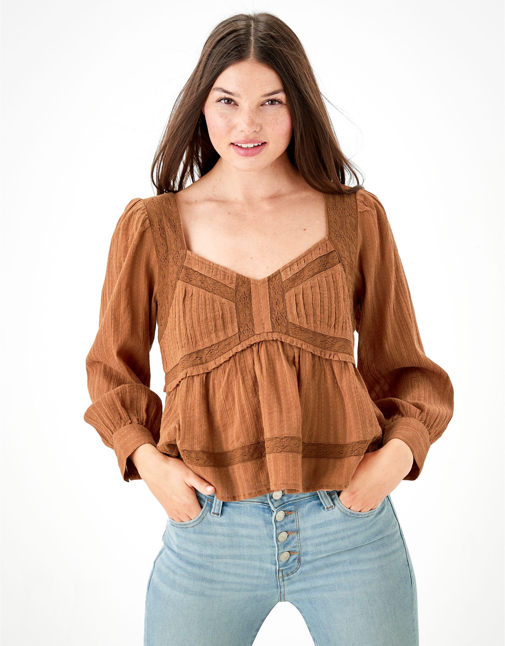 AE Long-Sleeve Babydoll Blouse | American Eagle Outfitters (US & CA)