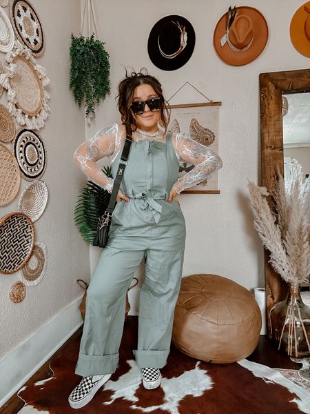 WALMART fashion jumpsuit outfit part 2! Jumpsuit is currently sold out in zip version but other green version available!! Edgy boho jumpsuit outfit idea! Wearing L in juniors green jumpsuit and TTS in checkered vans. Weird large in white lace trim top too