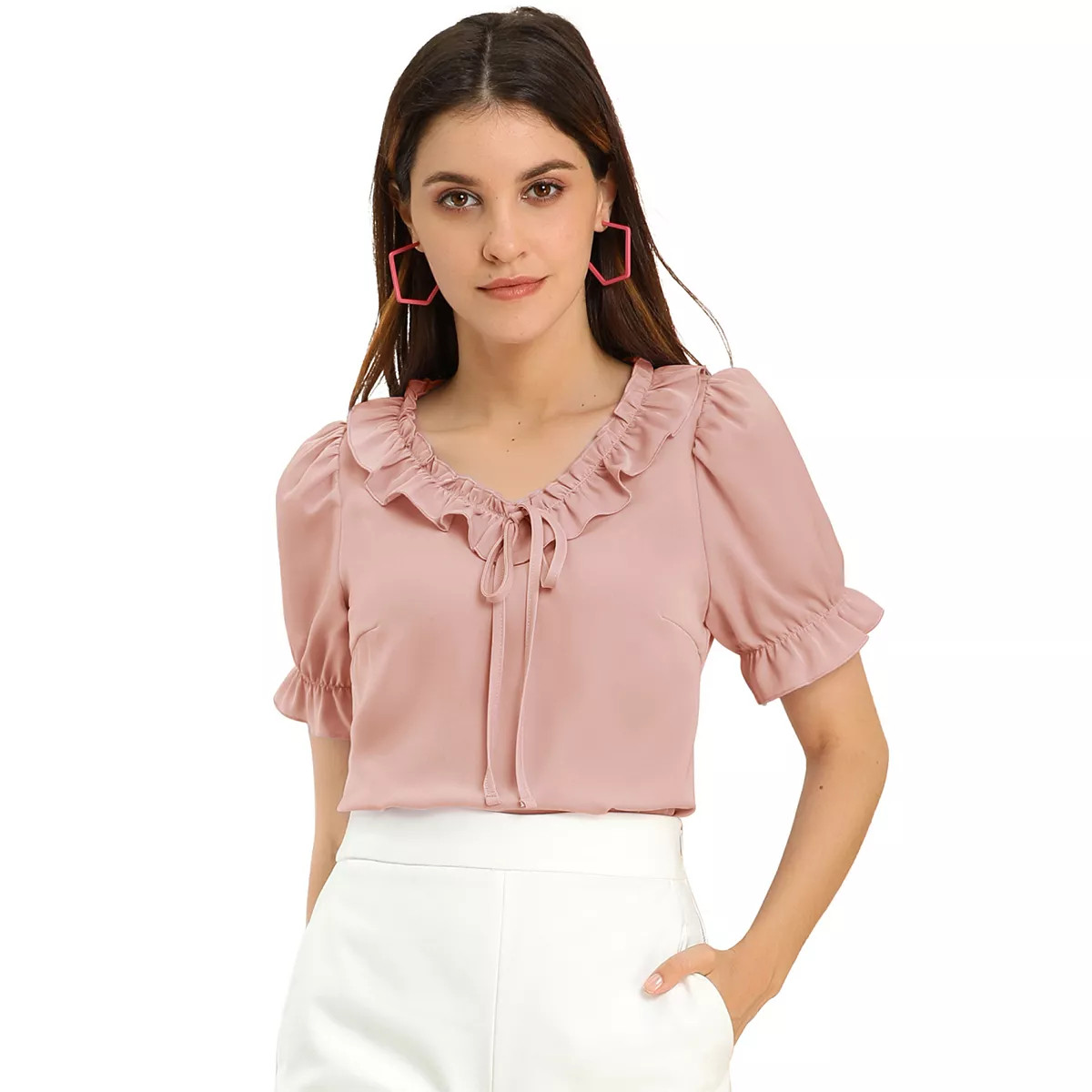Women's Tie V Neck Ruffle Neck Top Puff Sleeve Ruffle Cuff Casual Blouse | Kohl's