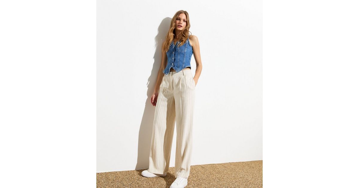 Off White Stripe Linen-Look Tailored Wide Leg Trousers | New Look | New Look (UK)