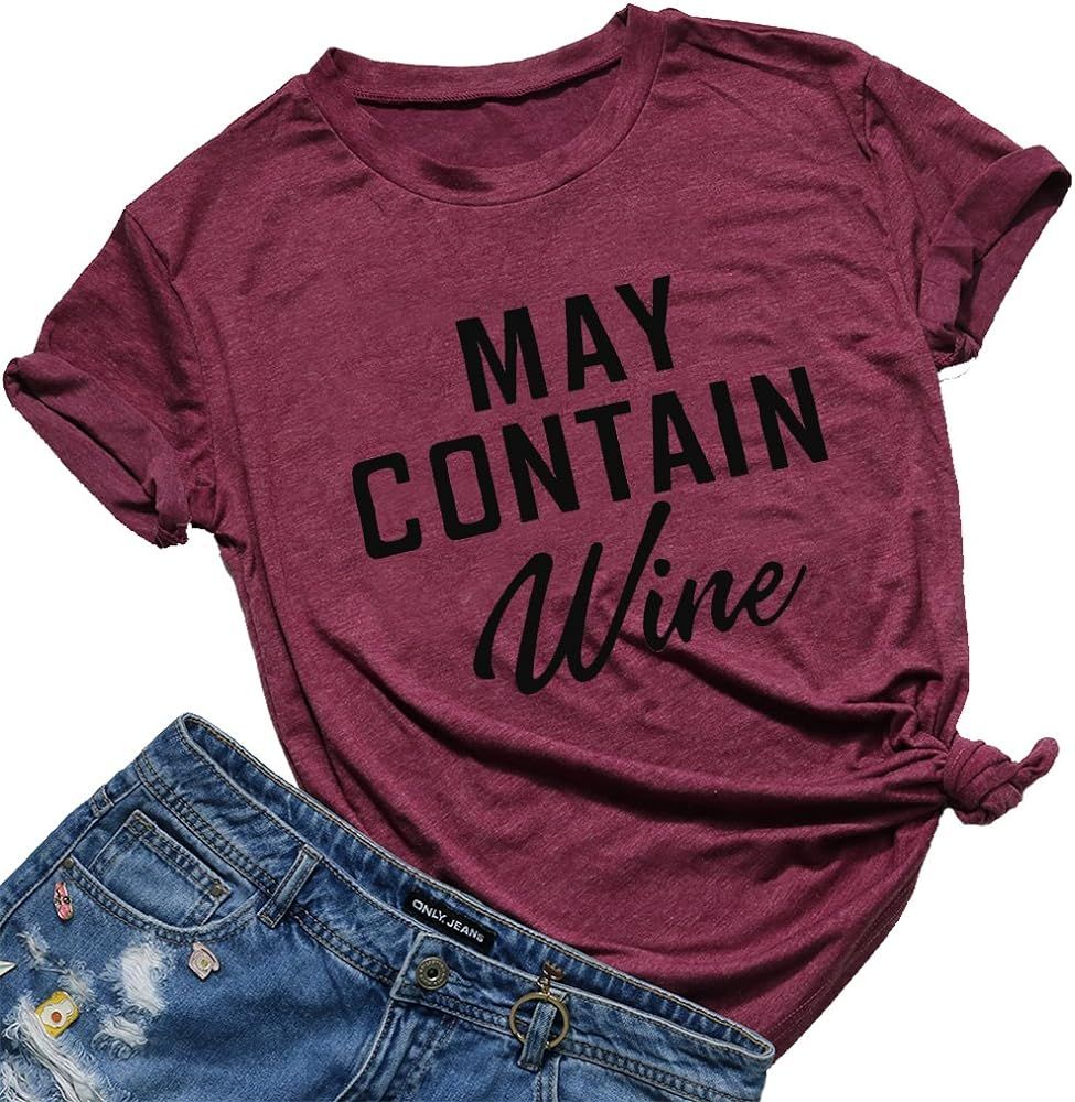 May Contain Wine T Shirt Alcohol Shirts Womens Letter Print Tops Funny Drinking Shirt Casual Shor... | Amazon (US)