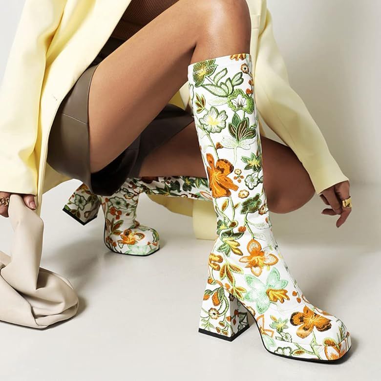 heelchic Women Chunky Heel Square Toe Knee High Boots Mid Calf Platform Riding Boots | Amazon (US)
