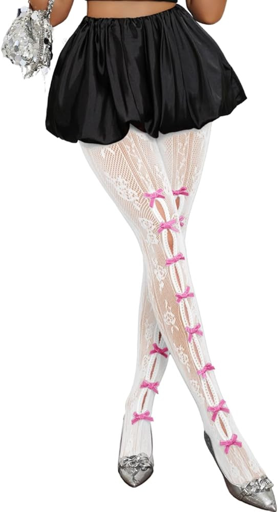 ShawGobow Bow Tights For Women,Sheer Floral Lace Sexy Stockings,Cute Bows Stocking Valentines Dat... | Amazon (US)