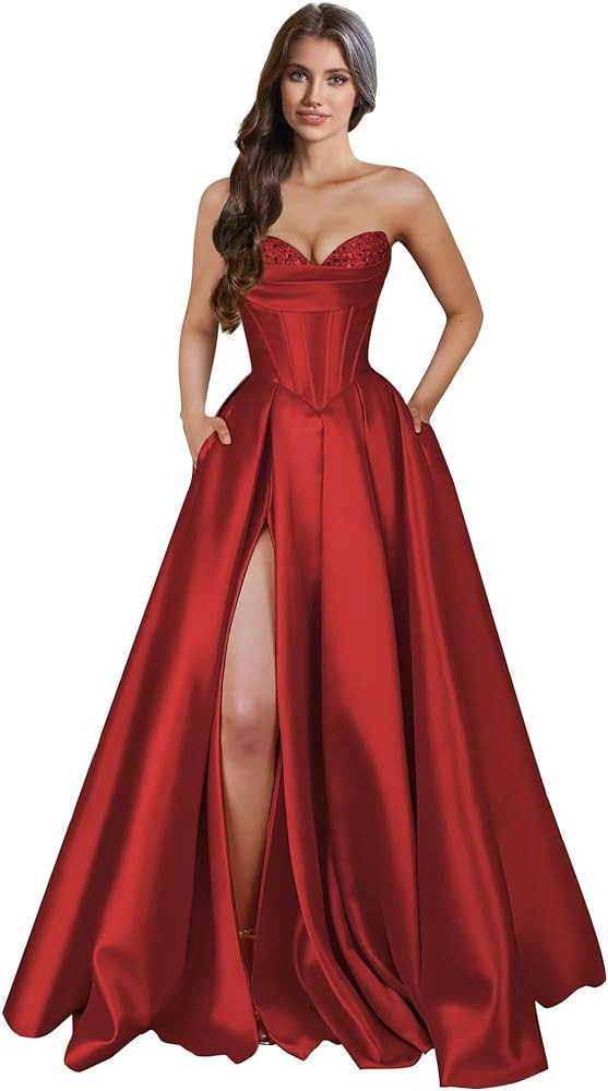 Rjer Womens A Line Satin Prom Dresses 2025 Strapless Sweetheart Corset Ruched Formal Ball Gown | Amazon (US)