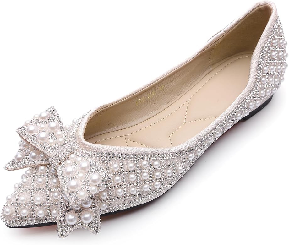 QXCGDYXT Women's Rhinestone Flats Pointed Toe Low Heel Wedding Flats Work Business Flats Comforta... | Amazon (US)