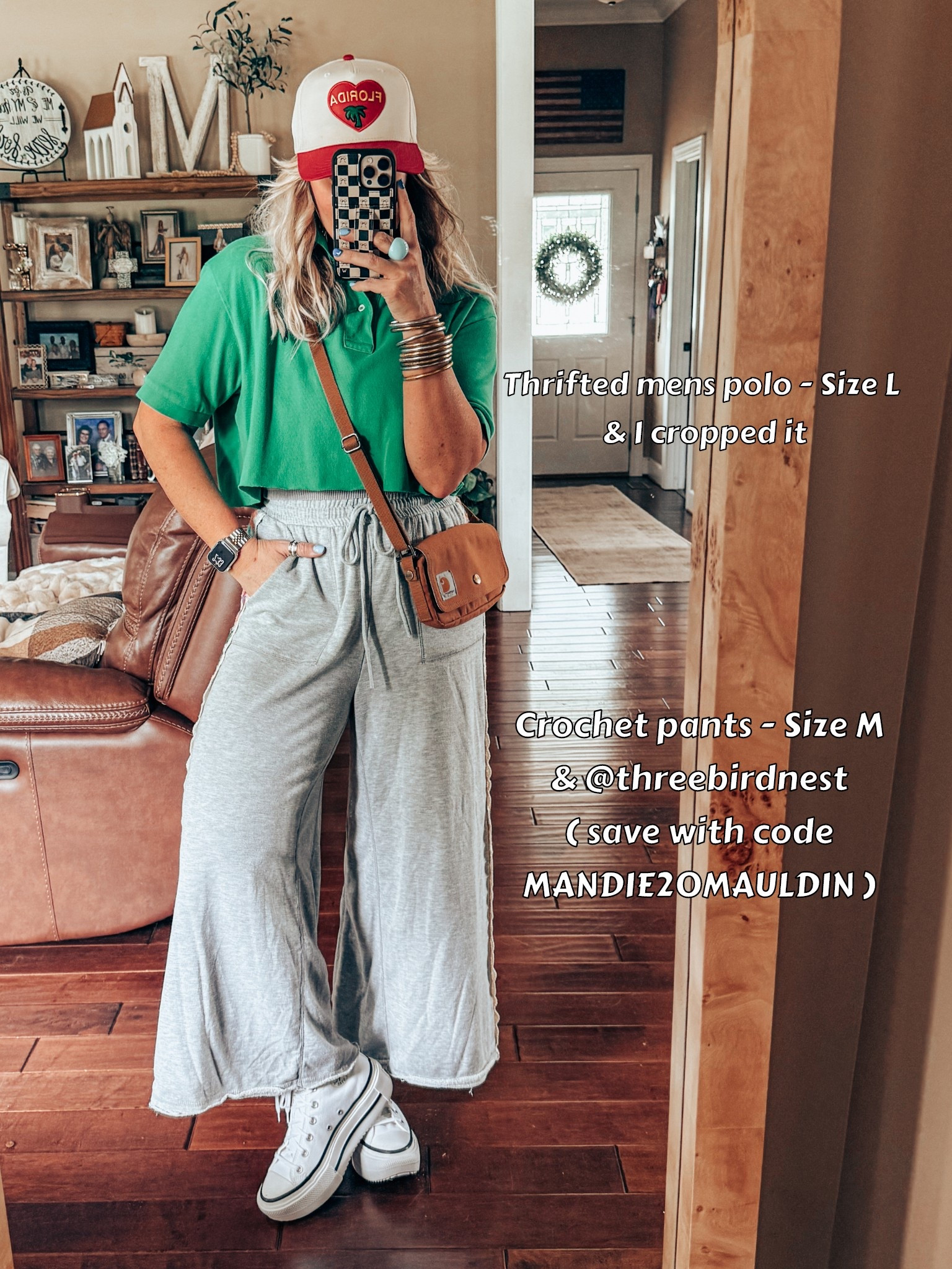 Love this comfy fit! These pants are so cute and wearing a medium. My cropped polo is a thrifted men’s polo and I’m wearing a L. I’m still obsessing over these Converse and I size down in them  
👖Here’s the link to the pants 👇🏼 
https://collabs.shop/ekfrll ( save with code MANDIE20MAULDIN ) 

#LTKStyleTip #LTKOver40 #LTKShoeCrush