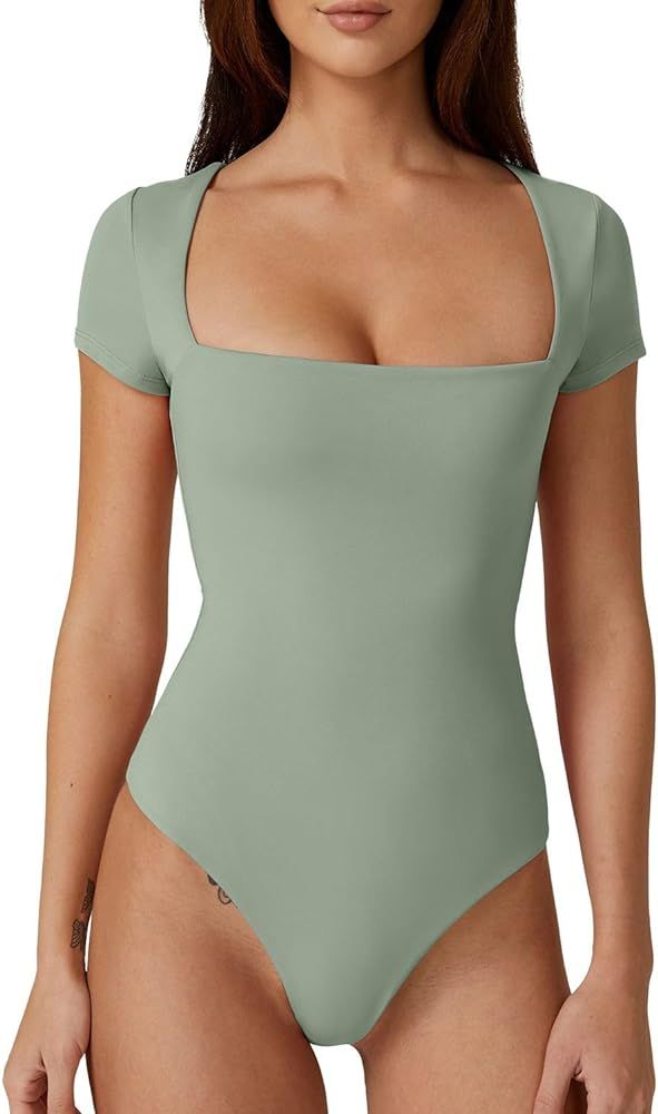 QINSEN Women's Square Neck Short Sleeve Bodysuit Sexy Body Suit Tops Double Lined Shirts | Amazon (US)