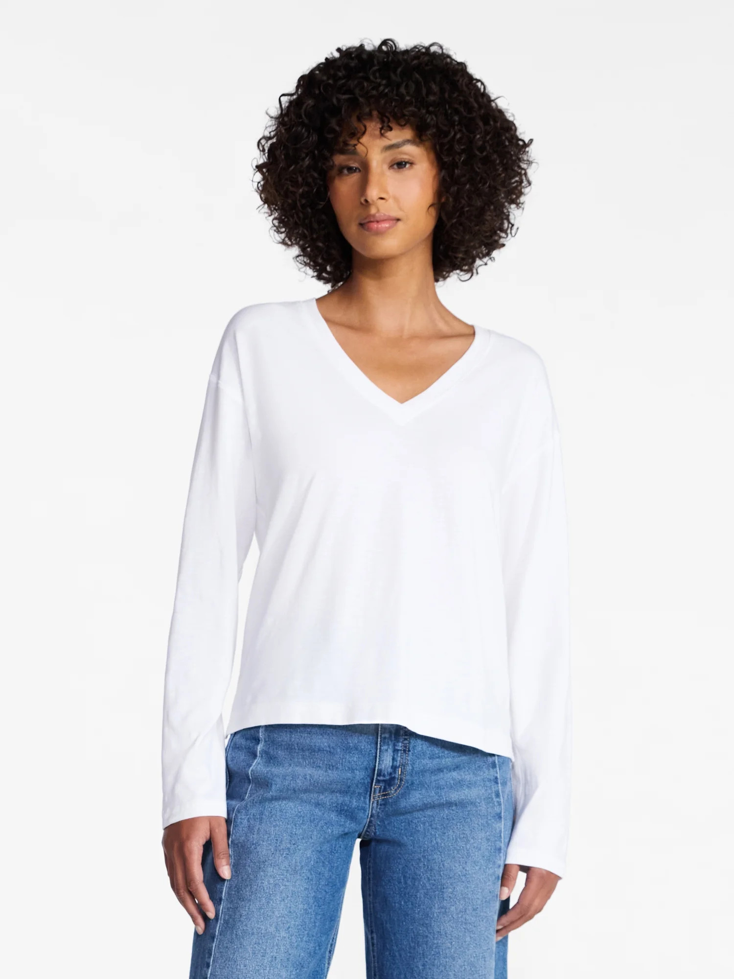 Time and Tru Women's Boxy Slub V-Neck Tee with Long Sleeves, Sizes XS-XXXL | Walmart (US)