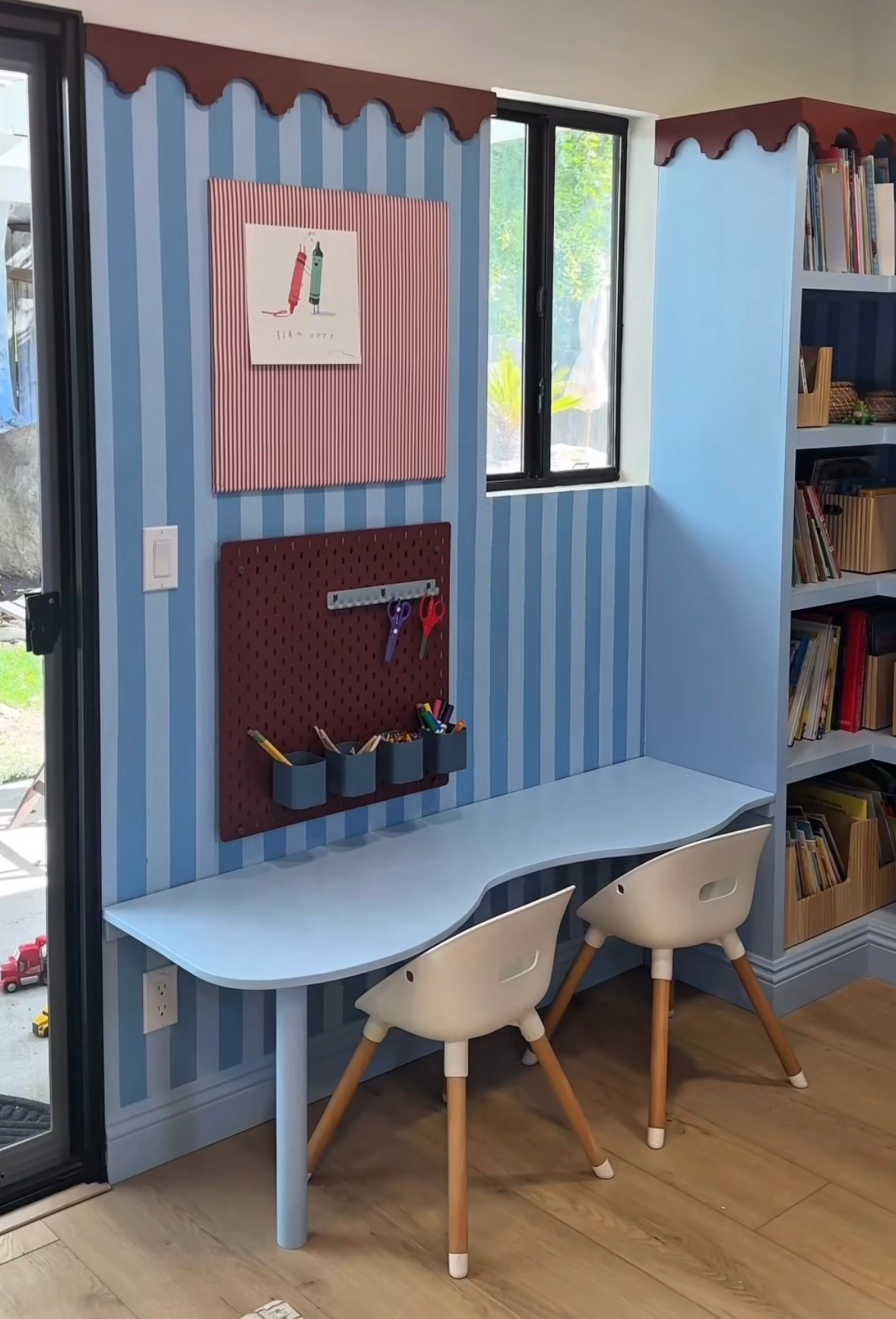 Playroom decor! 

Peg board: ikea skadis 

Art easel: ikea mala easel 