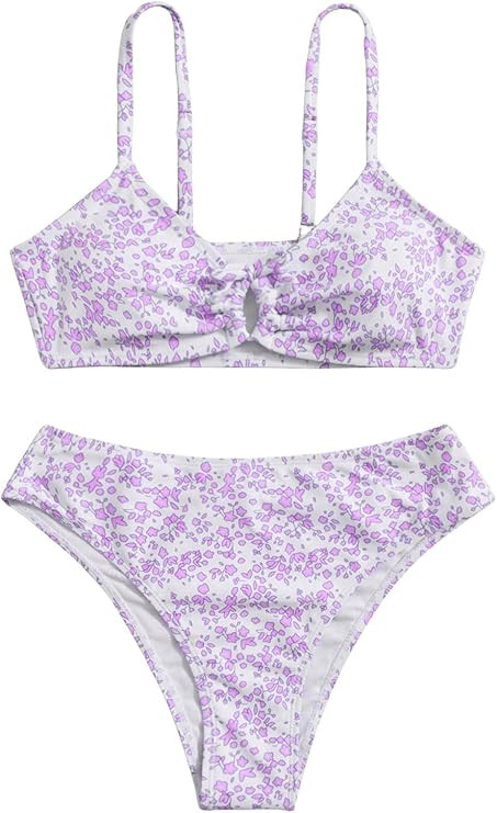COZYEASE Girls' 2 Piece Ditsy Floral Print Knot Front Ruched Triangle Bikini Swimsuit | Amazon (US)