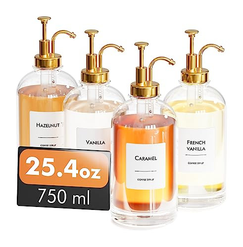 25.4oz Coffee Syrup Dispenser Set (Measure Before Purchase) - 4 Glass Bottles with Gold Pumper and Syrup Labels - Precise Dispensing and Stylish Addition to Coffee Shop, Cafe or Home Bar | Amazon (US)