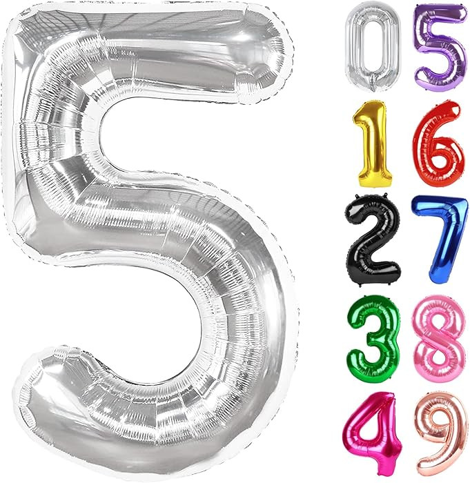 Silver Number 5 Balloon 40 Inch, 5th Birthday Party Decorations for Children, Giant 5 Foil Balloo... | Amazon (US)